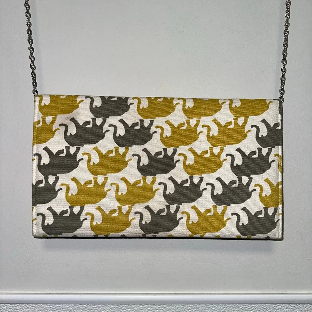 Women's Clutch Purse White/Yellow/Gray Elephant Print Chain Strap Canvas